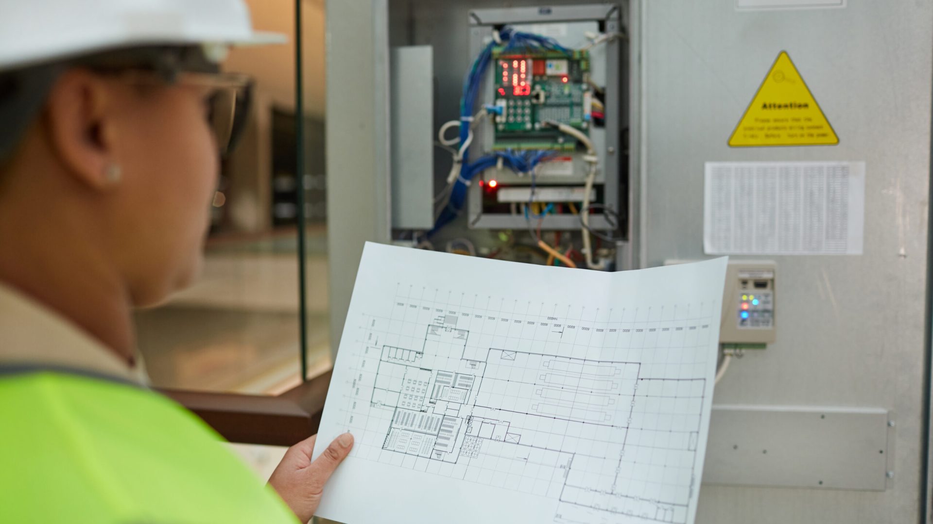 Female worker holding blueprints while inspecting electrical switchboard at construction site, copy space