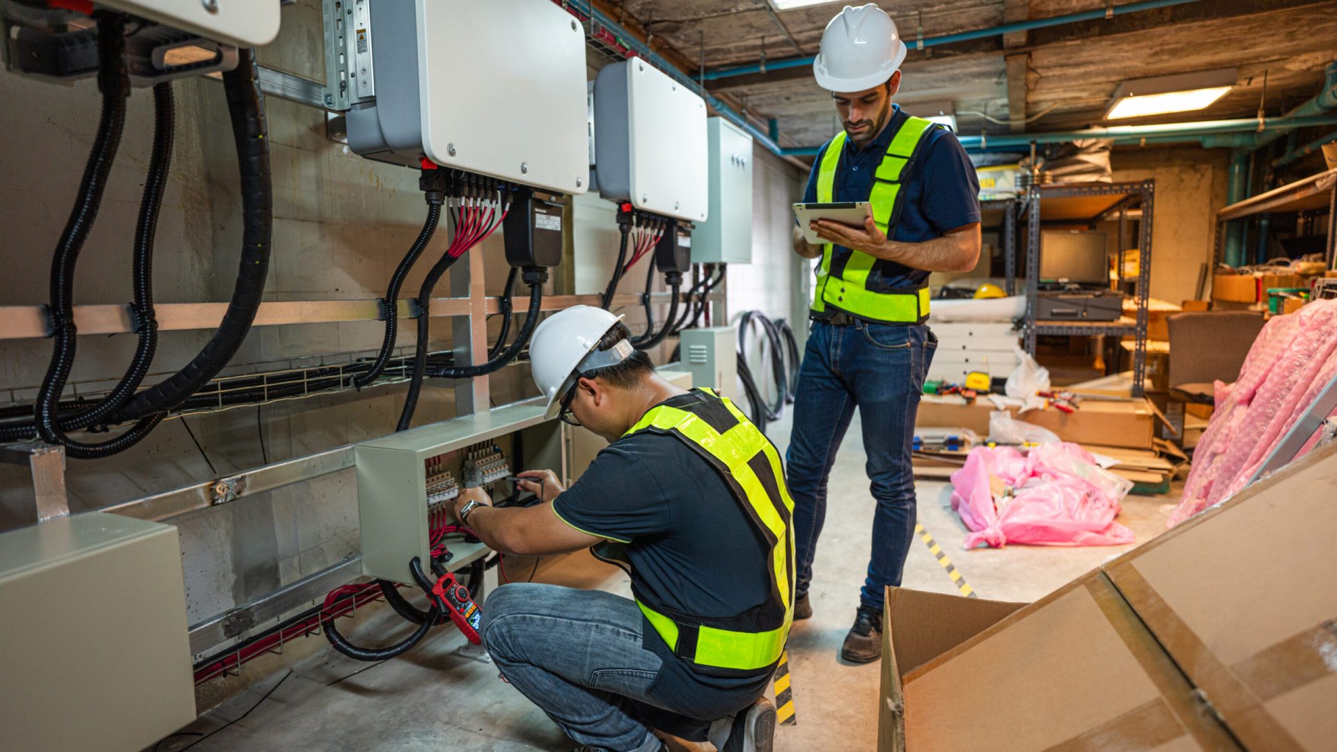 Service Engineer use tablet working inspection installation inverter solar cell. Technician maintenance solar cells. Technology solar energy renewable.